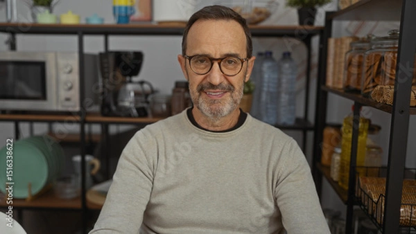 Fototapeta Mature hispanic man smiling in cozy indoor office with shelves and jars in background