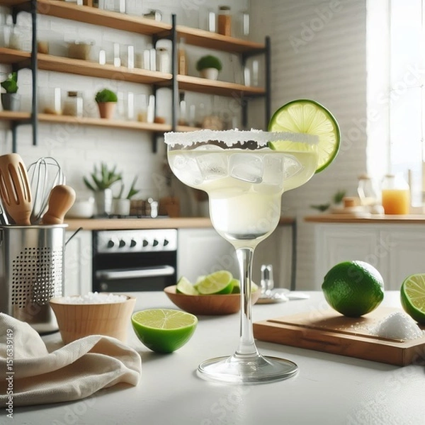 Obraz margarita cocktail on the table in the white kitchen with lime. Alcoholic drink.