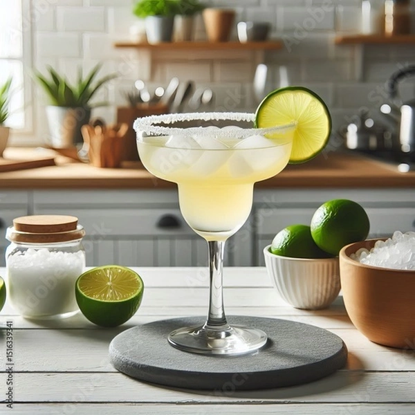 Obraz margarita cocktail on the table in the white kitchen with lime. Alcoholic drink.