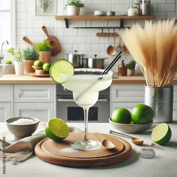 Obraz margarita cocktail on the table in the white kitchen with lime. Alcoholic drink.
