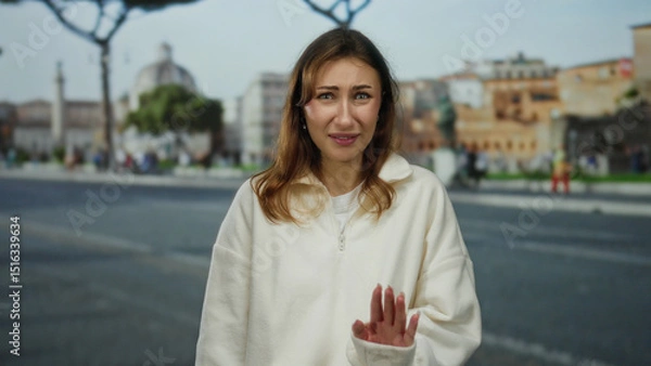Fototapeta Young woman in white sweater with uncertain expression stands outdoors on a city street, surrounded by classic architecture and soft lighting, while holding up her hand in a stop gesture.