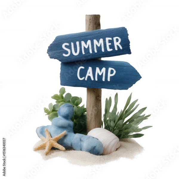 Fototapeta A whimsical summer camp sign with blue arrows, set against a sandy background adorned with seashells and greenery, evoking a fun and adventurous outdoor vibe.