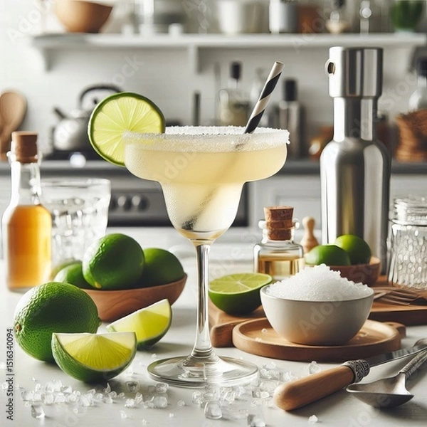 Obraz margarita cocktail on the table in the white kitchen with lime. Alcoholic drink.