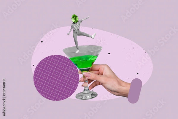 Obraz Collage of dancing people in animal masks and alcohol drinks with disco ball spotlights for party celebration concept