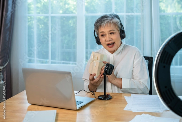 Fototapeta Senior influencer Asian woman presenting gift box in online live streaming with microphone and ring light