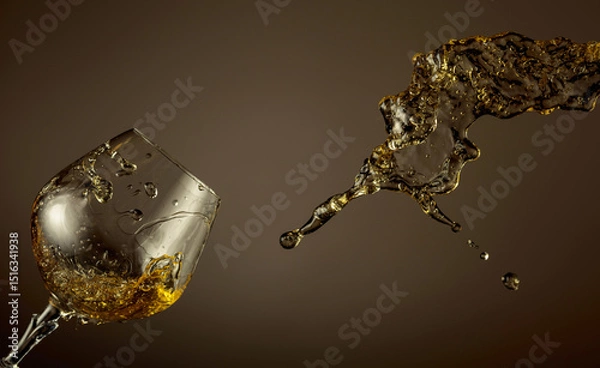 Obraz Glass and brandy splash on a brown background.