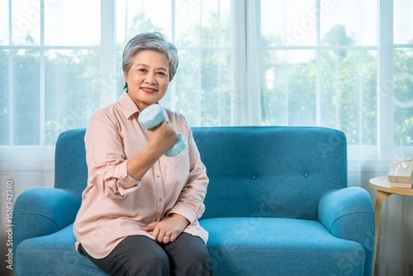 Fototapeta Senior Asian woman exercising with dumbbell at home for healthy aging and strength training, looking at camera