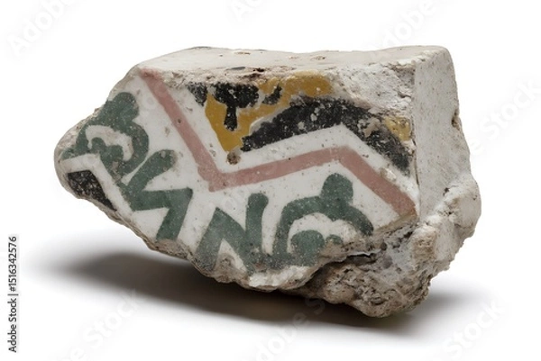 Fototapeta a shattered mosaic tile fragment, colorful ancient patterns crumbling apart, suspended crisply against pure