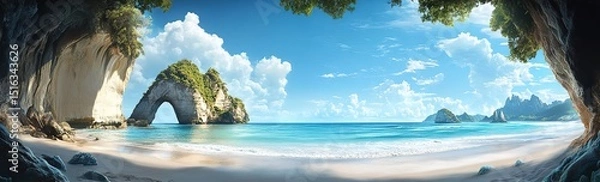 Fototapeta Summer Panoramic Picture of Cathedral Cove Beach Without Visitors in Daylight
