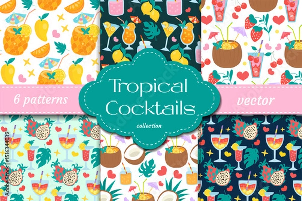Fototapeta Cute tropical set with fruity cocktails, hearts and summer vibes seamless vector pattern and poster perfect for packaging, decor and printable party designs.