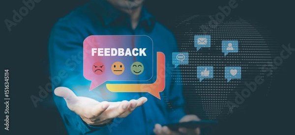 Obraz Customer Satisfaction Survey Rating and Digital Feedback Concept. Illustrating customer review and communication in modern marketing  CRM strategies, Professional interacting