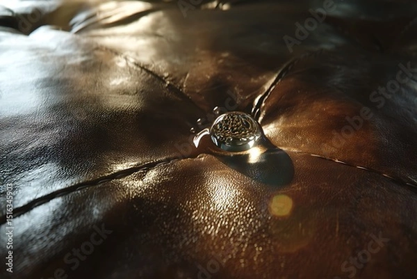 Fototapeta a shiny leather surface with a single drop of water resting on it, the surface reflecting the droplet, captured with high detail and diffused lighting.