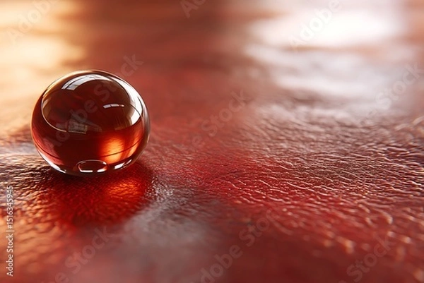 Fototapeta a shiny leather surface with a single drop of water resting on it, the surface reflecting the droplet, captured with high detail and diffused lighting.
