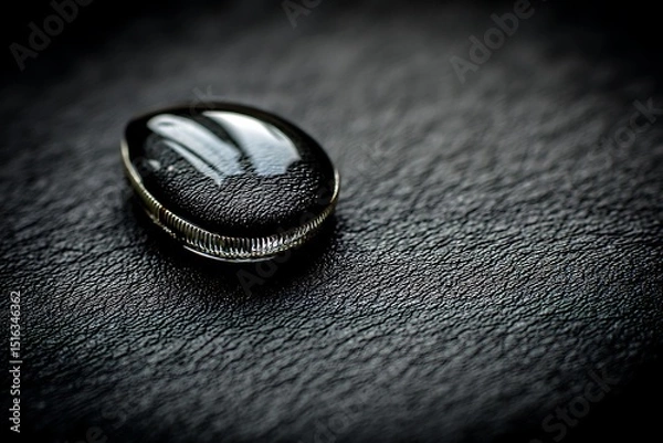 Fototapeta a shiny leather surface with a single drop of water resting on it, the surface reflecting the droplet, captured with high detail and diffused lighting.
