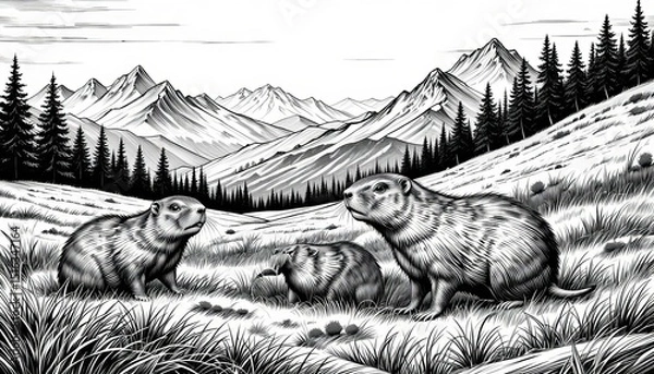 Obraz Vintage Groundhog Illustration engraving vector. groundhogs in a grassy alpine meadow with mountains and trees in the background sketch engraving generative ai vector illustration.