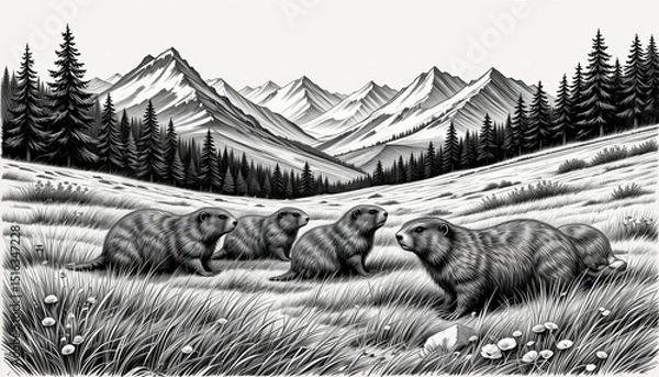 Obraz Vintage Groundhog Illustration engraving vector. groundhogs in a grassy alpine meadow with mountains and trees in the background sketch engraving generative ai vector illustration.