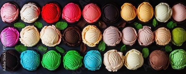 Fototapeta flavors scoops background. Top view. Assorted of ice cream scoops. Colorful set of ice creams. Different flavours with mint. Gelato backdrop. Multicolored scooped sorbets. Various flavours and colors
