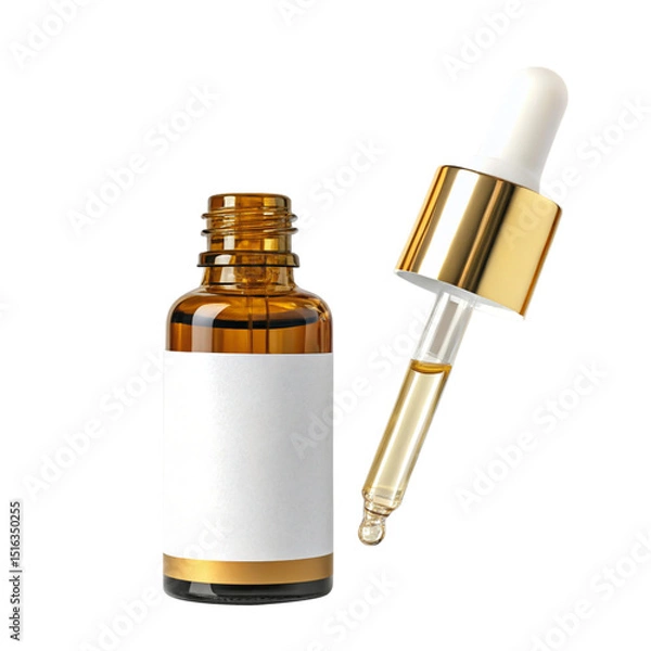 Fototapeta Amber glass bottle with gold dropper and blank label for essential oils or serum isolate on transparent background 