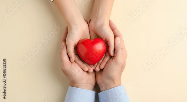 Obraz Gentle hands sharing a vibrant red heart symbolizing love care and compassion