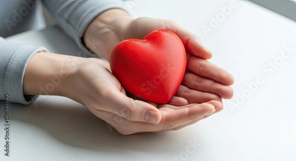 Obraz Gentle hands sharing a vibrant red heart symbolizing love care and compassion