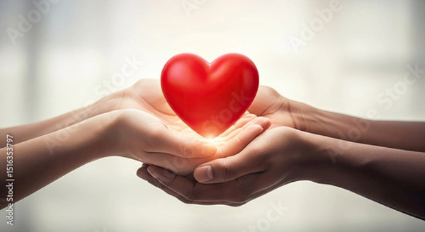 Obraz Gentle hands sharing a vibrant red heart symbolizing love care and compassion