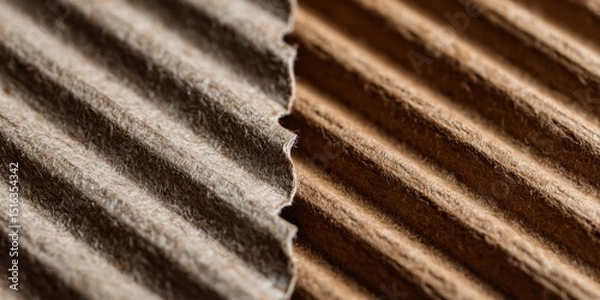Fototapeta Close-up view of corrugated cardboard texture, showcasing its intricate patterns and fibrous structure.  A study in brown hues and organic material. Ideal for design and industrial