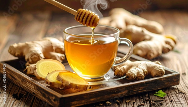 Obraz Hot tea with sweet cookies on a brown table, perfect for a cozy breakfast or dessert at a cafe