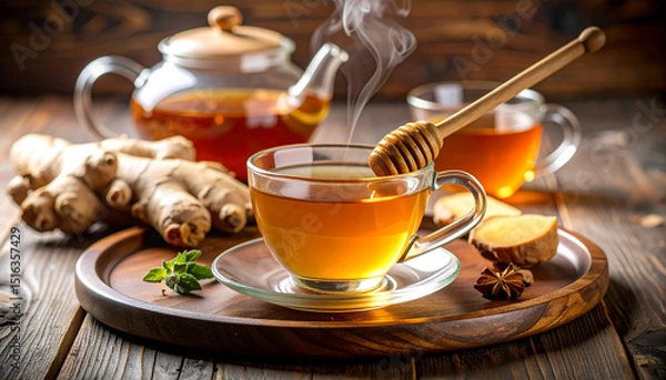 Obraz Hot tea with sweet cookies on a brown table, perfect for a cozy breakfast or dessert at a cafe