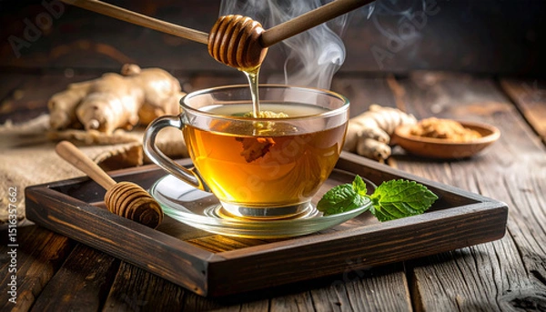 Obraz Hot tea with sweet cookies on a brown table, perfect for a cozy breakfast or dessert at a cafe