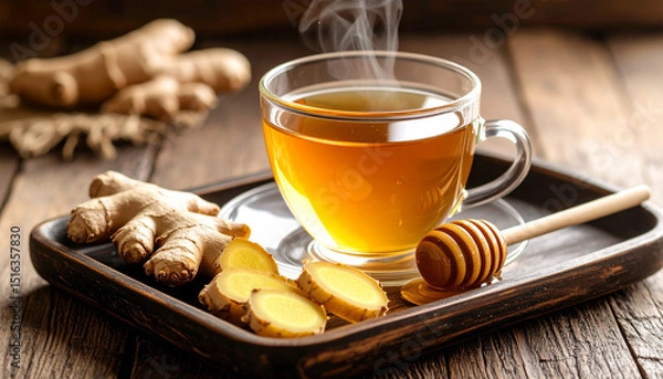 Obraz Hot tea with sweet cookies on a brown table, perfect for a cozy breakfast or dessert at a cafe