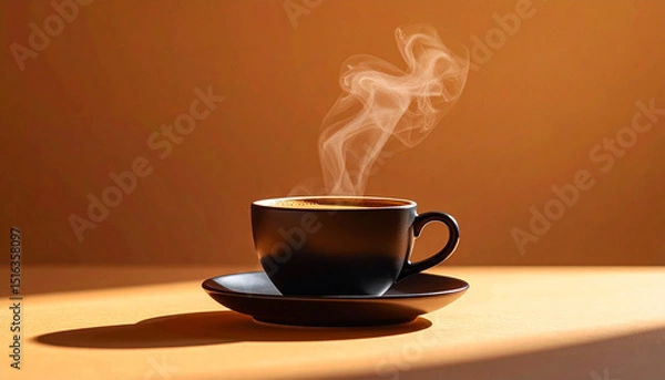 Obraz Hot coffee in a white mug with steam on a brown table, perfect for a morning drink