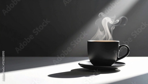 Obraz Hot coffee mug with steam and aroma on a dark black background