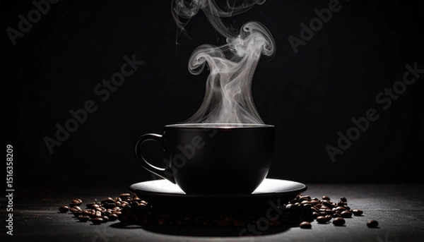 Obraz A rich brown cup of hot coffee with roasted beans and a dark saucer evokes the morning aroma of a cafe