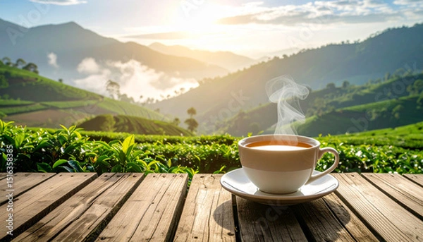 Obraz Aromatic hot coffee or tea in a white mug sits on a wooden table, perfect for a morning drink at a cafe or on the mountain
