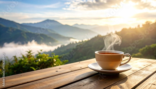 Obraz Aromatic hot coffee or tea in a white mug sits on a wooden table, perfect for a morning drink at a cafe or on the mountain