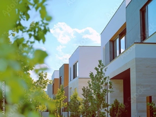 Fototapeta Modern Apartment Building with Trees and Sunlight