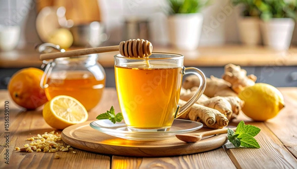 Obraz Fresh hot tea with lemon and honey, a delicious morning beverage