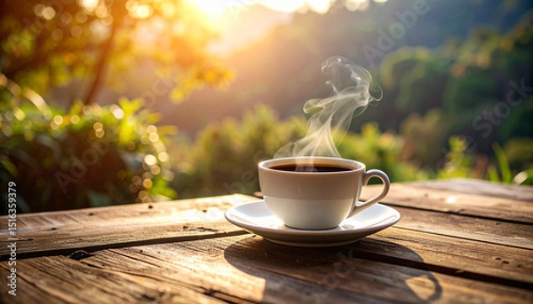 Obraz A cup of hot, dark coffee with steam rises from a white mug on a brown wooden table, perfect for a morning breakfast drink