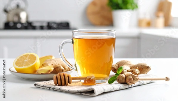 Obraz Fresh hot tea with lemon and honey, a delicious morning beverage