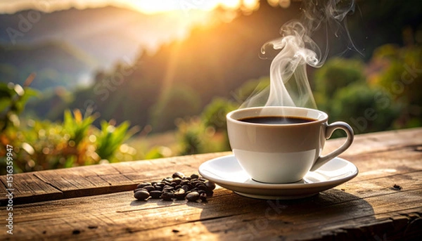 Obraz A cup of hot, dark coffee with steam rises from a white mug on a brown wooden table, perfect for a morning breakfast drink