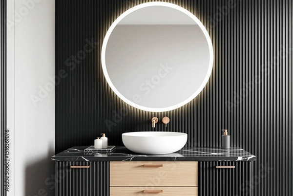 Fototapeta Contemporary bathroom with circular lit mirror, marble countertop, and minimalist decor in a dark vertical panel style background, concept of modern design. Ai generative