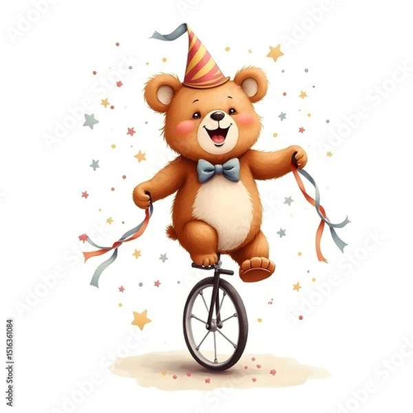 Obraz Watercolor circus bear on unicycle with streamers and bow tie, cheerful character illustration on white background