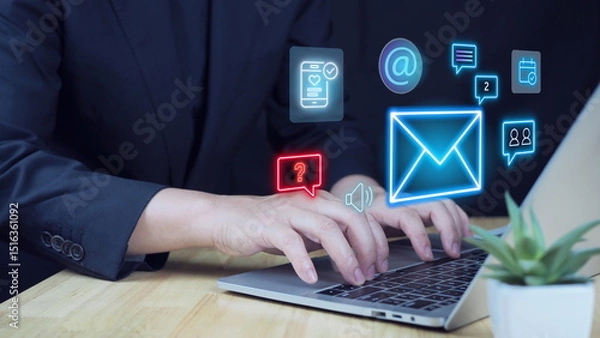 Fototapeta Digital marketer using email marketing tools on laptop sending newsletters and analyzing campaign performance to engage subscribers, email marketing campaign in a modern, well-lit office