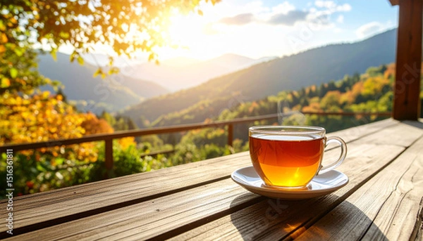 Obraz Hot morning tea in a white mug on a terrace table