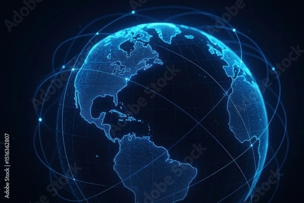 Fototapeta Futuristic Digital Globe with Network Connections and Glowing Elements on Dark Background