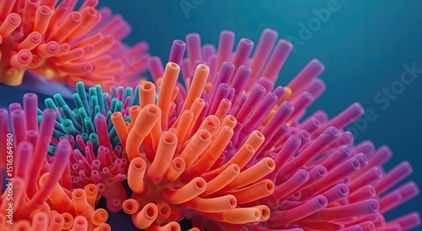 Fototapeta Pink and red sea anemone flowers bloom underwater, a beautiful macro close-up of ocean life
