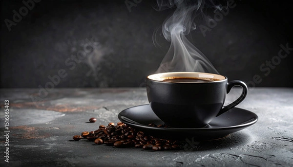 Obraz Hot coffee cup on table with steam and aroma