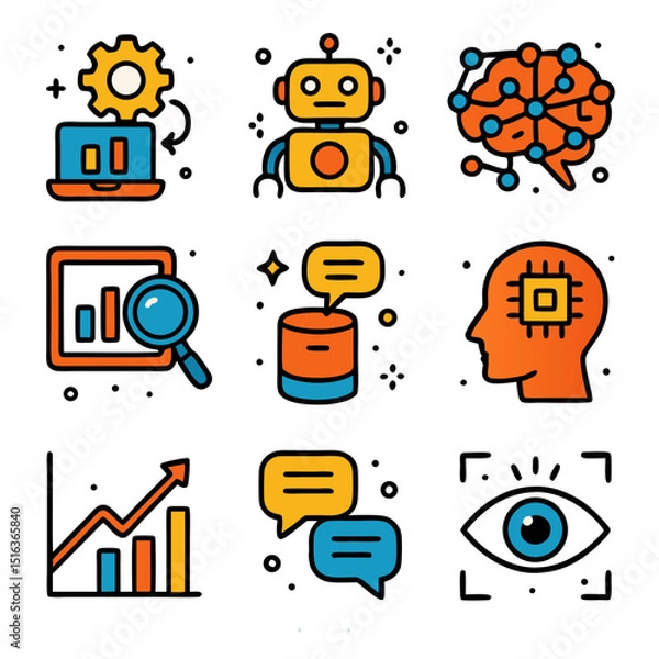 Obraz Artificial intelligence icons featuring diverse AI concepts. Suitable for tech websites, AI companies, presentations, and educational materials on machine learning.