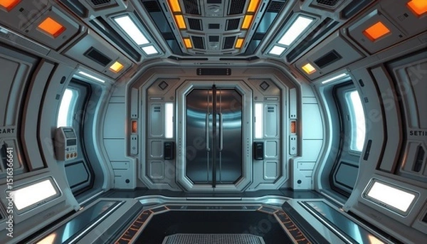 Fototapeta Interior view of futuristic spacecraft corridor with metallic textures clean lines and geometric accents