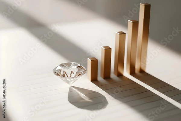 Fototapeta A sparkling diamond lies beside a rising gold bar chart, symbolizing growth, value, and financial success in a bright setting.